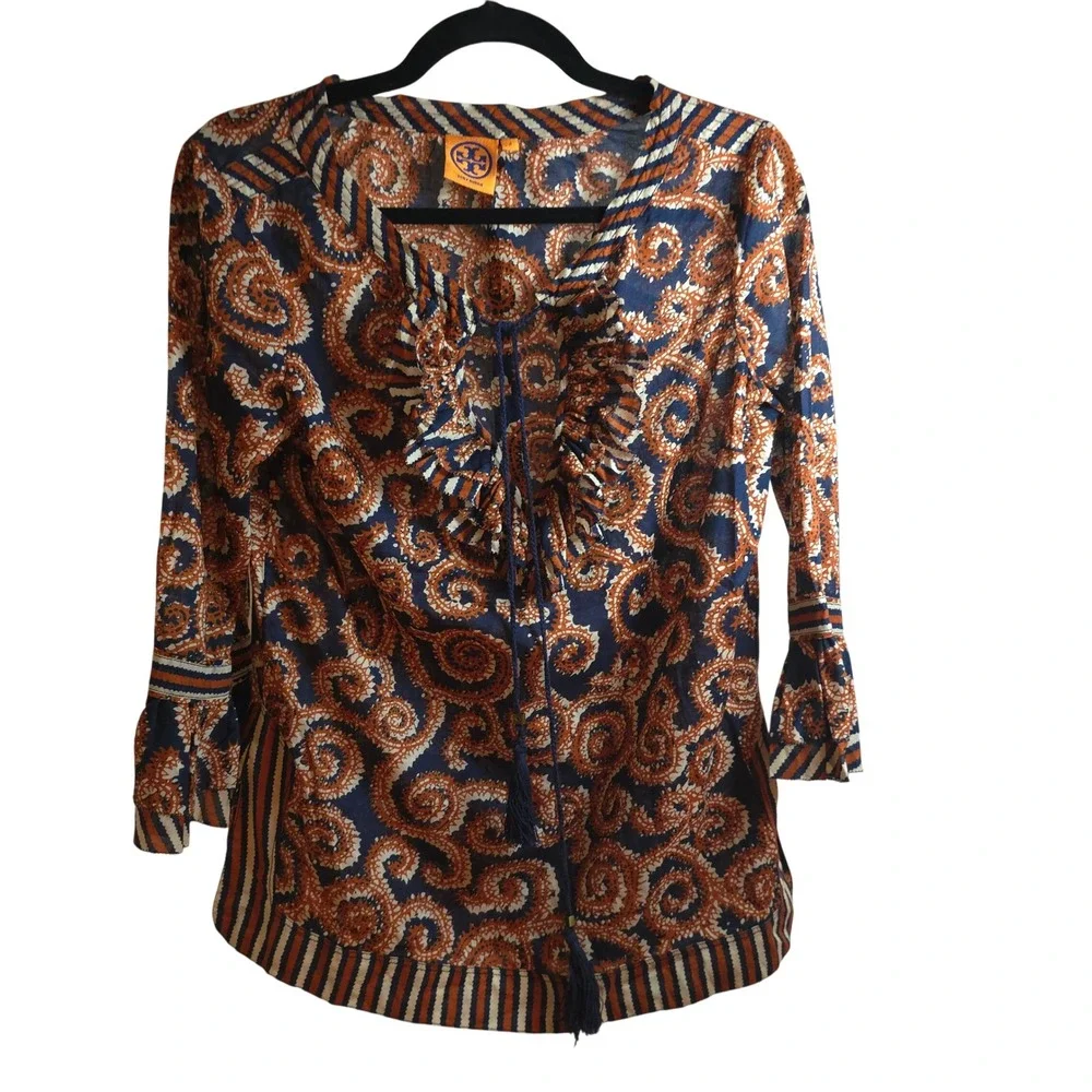 Tory Burch‎ Blue Orange Paisley Print Tunic Top Blouse Size 8